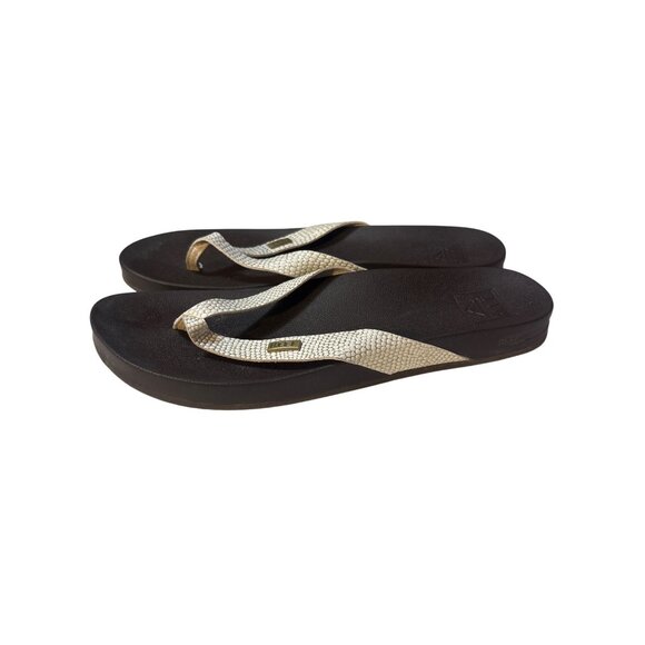 Reef Womens Cushion Court Flip-Flops Size 8 Black & Beige Sandals With Snake - Picture 1 of 6